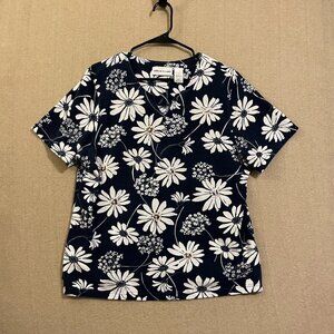 Alfred Dunner Blouse Women's Large Navy Blue Short Sleeves Beads & Sequins